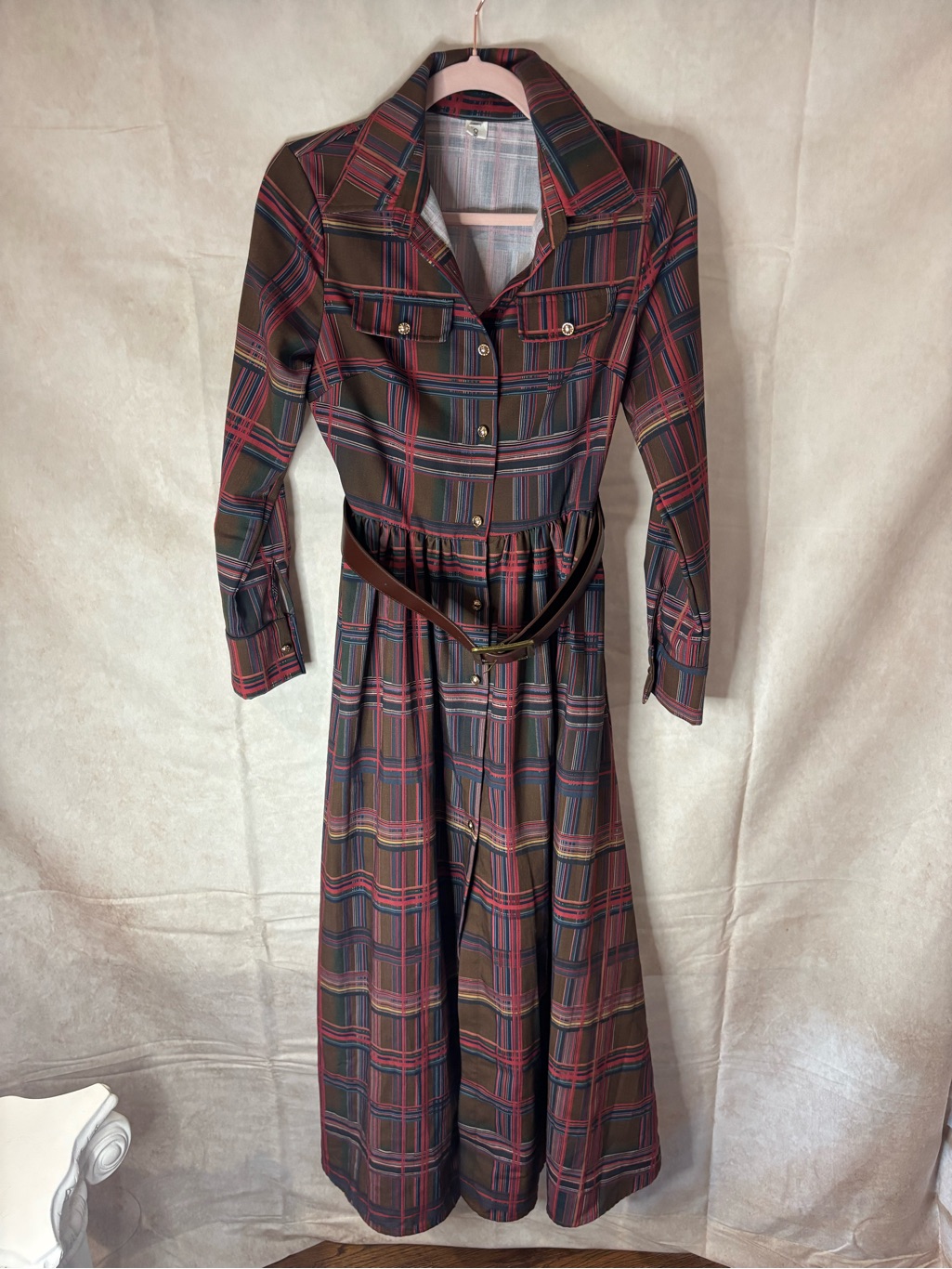 Plaid Long-Sleeve Shirt Dress With Belt - Brown Plaid